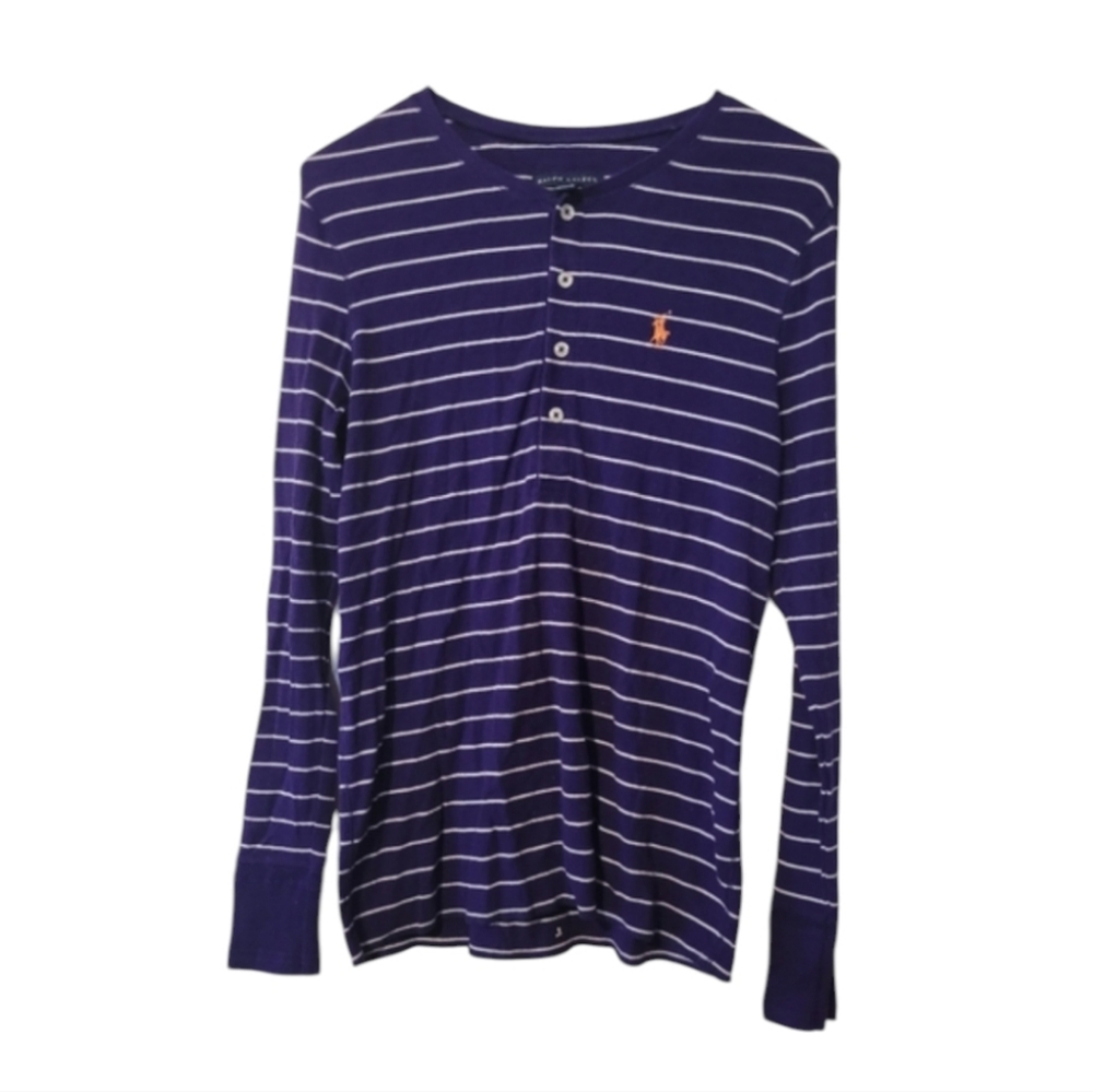 Vintage Ralph Lauren Deep Purple and White Striped Thermal Tee Size Large